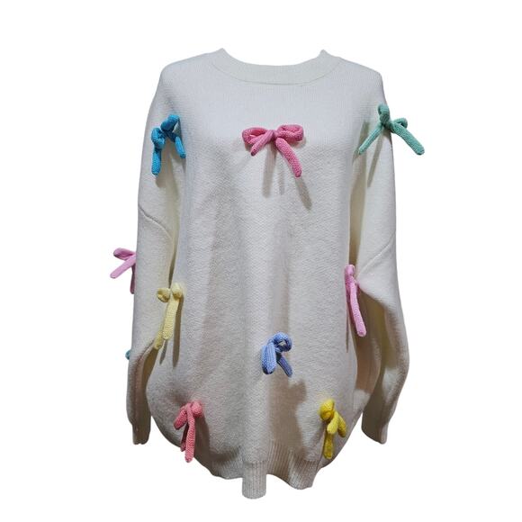 Cider Oversized Cream Bow Sweater Multicolored Applique Size M - Picture 1 of 8